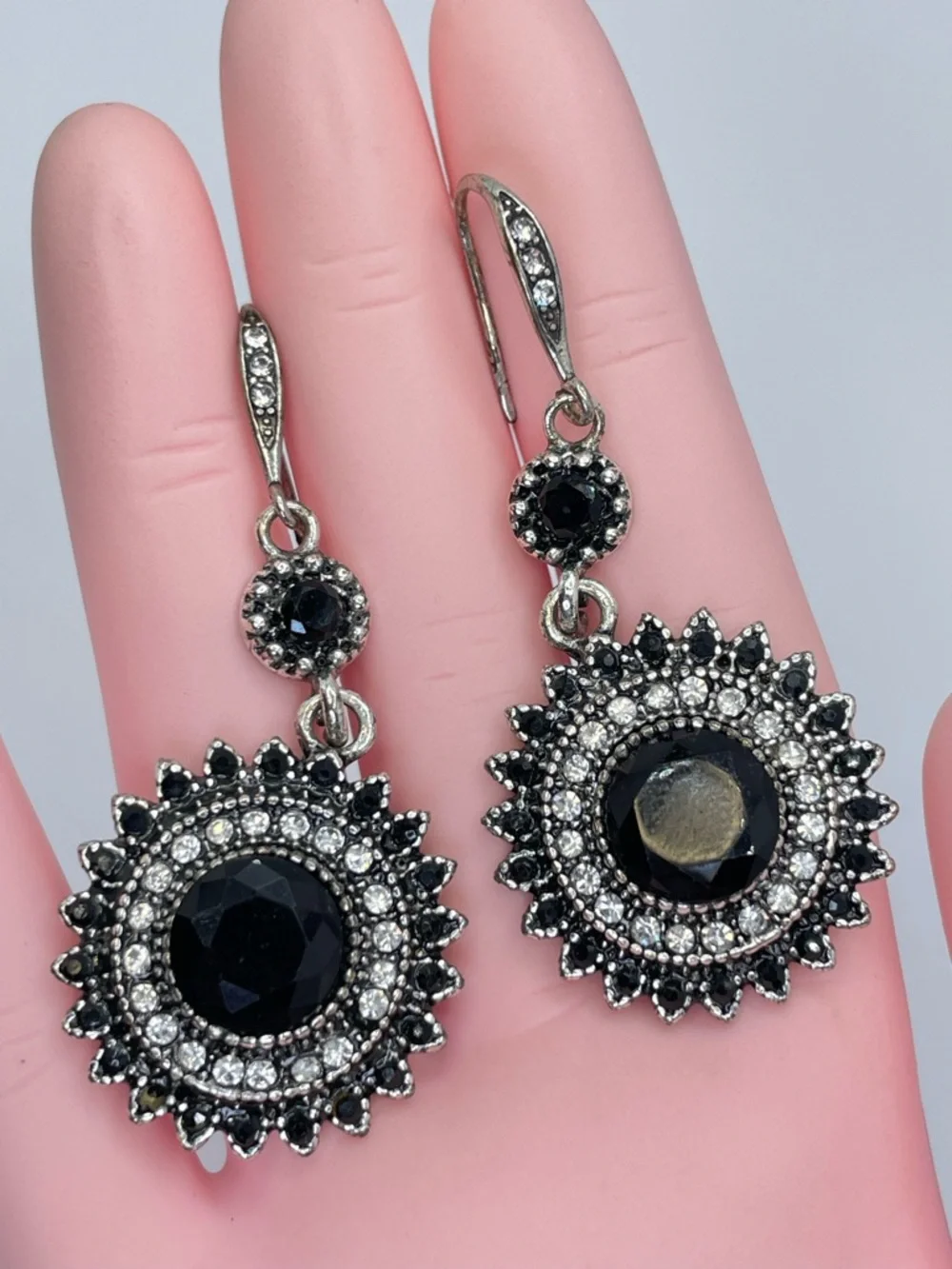 Black Crystal Sunburst Dangle Earrings Silver Tone Vintage Style